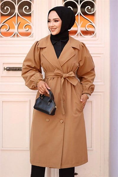 Omzu Pileli Detaylı Trençkot  Camel 4429