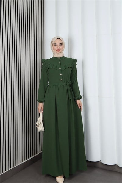 Omzu Ve Önü Fırfırlı Kuşaklı Ayrobin Tesettür Elbise Haki   HNT7345