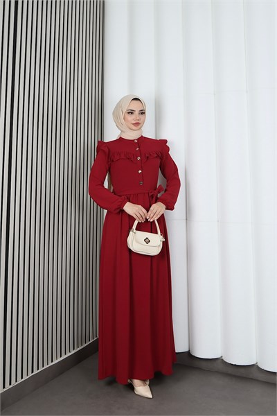 Omzu Ve Önü Fırfırlı Kuşaklı Ayrobin Tesettür Elbise Bordo  HNT7345