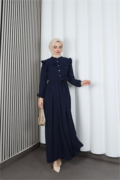 Omzu Ve Önü Fırfırlı Kuşaklı Ayrobin Tesettür Elbise Lacivert  HNT7345