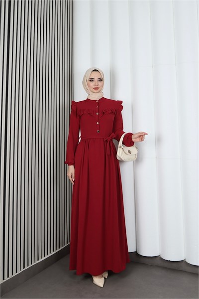 Omzu Ve Önü Fırfırlı Kuşaklı Ayrobin Tesettür Elbise Bordo  HNT7345