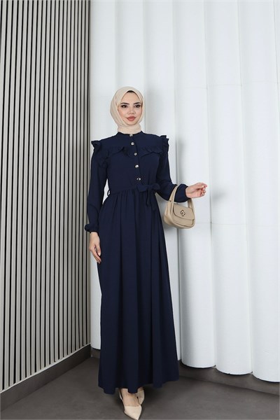 Omzu Ve Önü Fırfırlı Kuşaklı Ayrobin Tesettür Elbise Lacivert  HNT7345