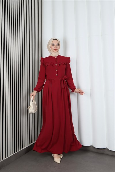 Omzu Ve Önü Fırfırlı Kuşaklı Ayrobin Tesettür Elbise Bordo  HNT7345