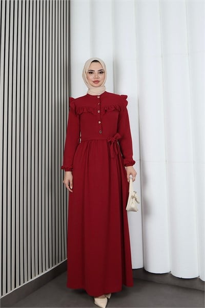 Omzu Ve Önü Fırfırlı Kuşaklı Ayrobin Tesettür Elbise Bordo  HNT7345