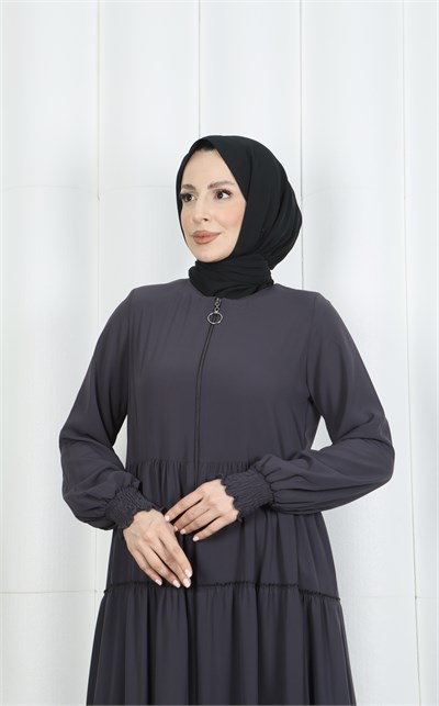 Önü Fermuarlı Kat Kat Volanlı Uzun Ferace Gri  HNT7028