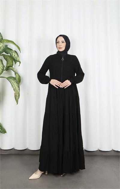 Önü Fermuarlı Kat Kat Volanlı Uzun Ferace Siyah HNT7028