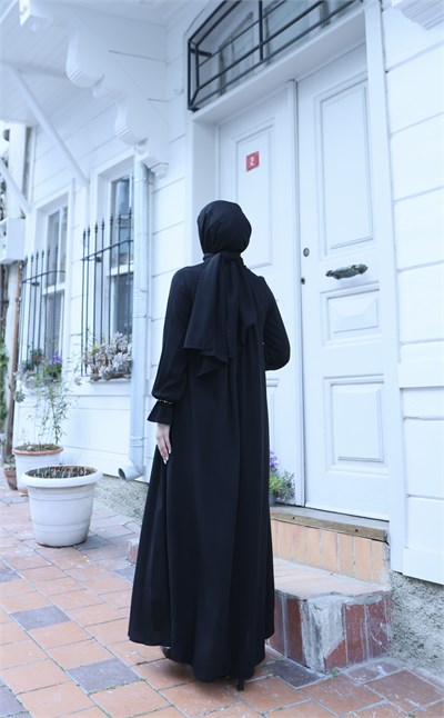 Önü Ve Kol Ucu Taş İşlemeli Şallı Tesettür Elbise Siyah HNT71021