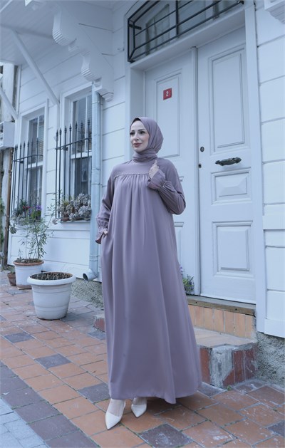 Önü Ve Kol Ucu Taş İşlemeli Şallı Tesettür Elbise Pudra  HNT71021