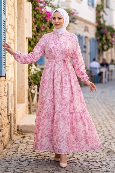 Şal Desen Yarım Düğmeli Modal Desenli Elbise Pembe 7014