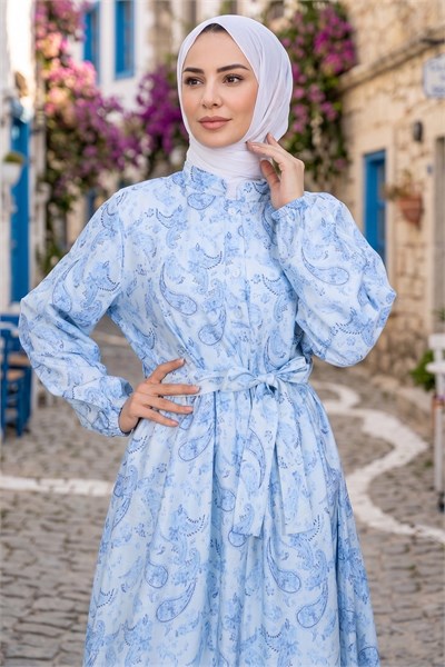 Şal Desen Yarım Düğmeli Modal Desenli Elbise Bebe Mavisi 7014