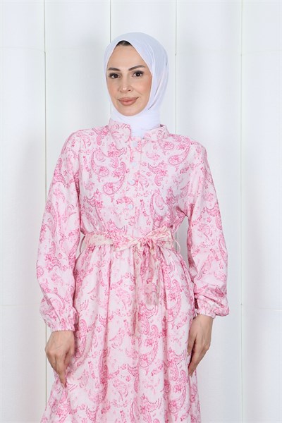Şal Desen Yarım Düğmeli Modal Desenli Elbise Pembe 7014