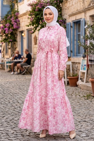 Şal Desen Yarım Düğmeli Modal Desenli Elbise Pembe 7014