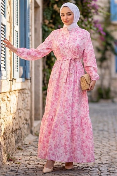 Şal Desen Yarım Düğmeli Modal Desenli Elbise Pembe 7014