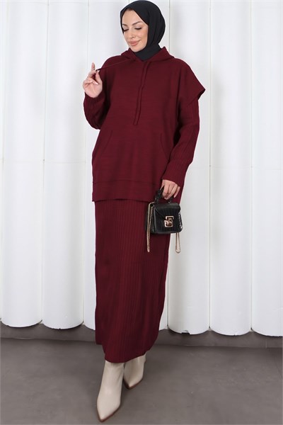 Sıfır Kol Kapüşonlu Elbiseli Triko Takım  Bordo   HNT2813