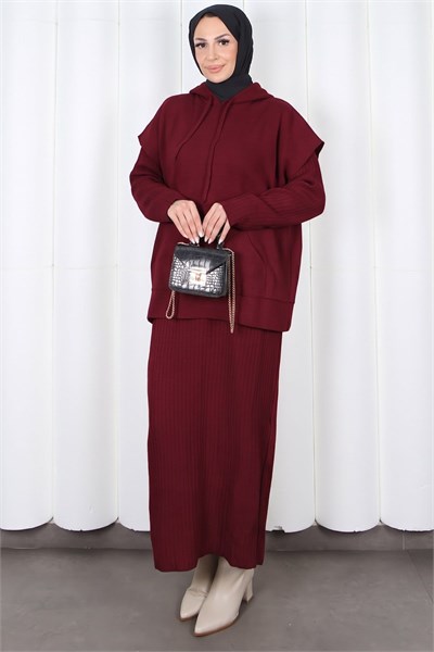 Sıfır Kol Kapüşonlu Elbiseli Triko Takım  Bordo   HNT2813