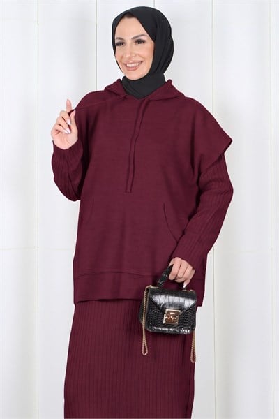 Sıfır Kol Kapüşonlu Elbiseli Triko Takım  Bordo   HNT2813
