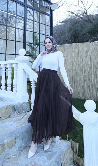 Şifon Piliseli Astarlı  Etek Kahve  HNT1008