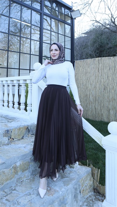 Şifon Piliseli Astarlı  Etek Kahve  HNT1008