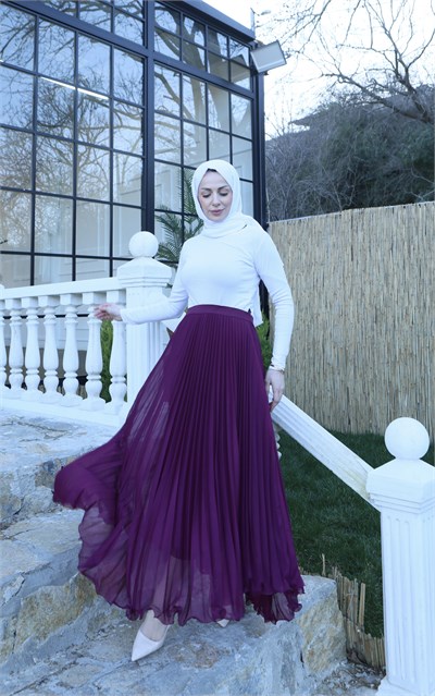 Şifon Piliseli Astarlı  Etek Mor  HNT1008