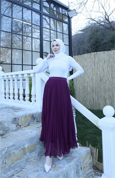 Şifon Piliseli Astarlı  Etek Mor  HNT1008