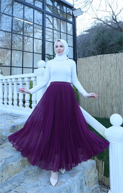 Şifon Piliseli Astarlı Etek Mor  HNT10081