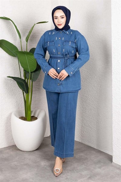 Taş Detaylı Kuşaklı Denim Tesettür Takım Açık Mavi