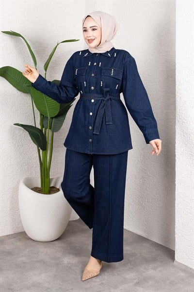Taş Detaylı Kuşaklı Denim Tesettür Takım Koyu Mavi