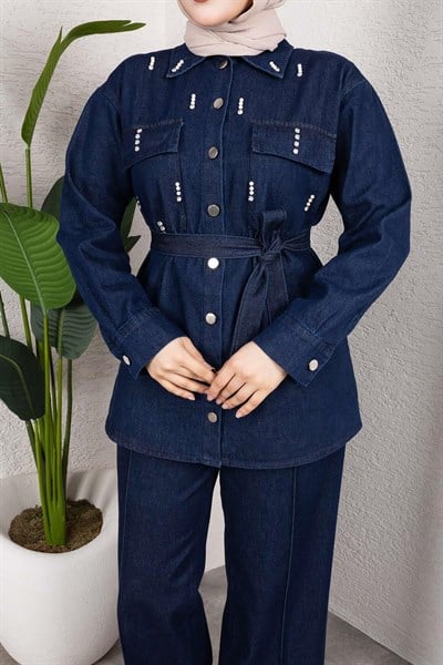 Taş Detaylı Kuşaklı Denim Tesettür Takım Koyu Mavi