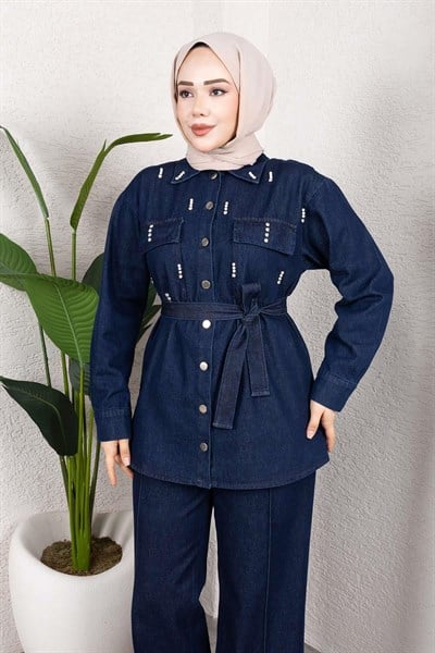 Taş Detaylı Kuşaklı Denim Tesettür Takım Koyu Mavi