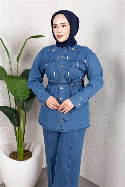 Taş Detaylı Kuşaklı Denim Tesettür Takım Açık Mavi