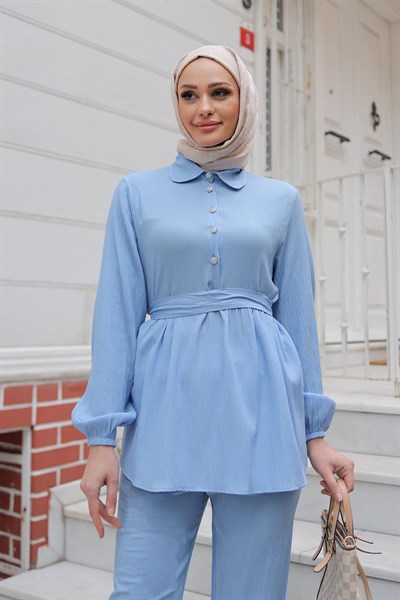 Taş Düğme Detaylı Takım Bebe Mavisi