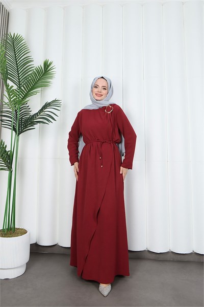Toka Detaylı Bağlamalı Ayrobin Elbise Bordo   HNT85921