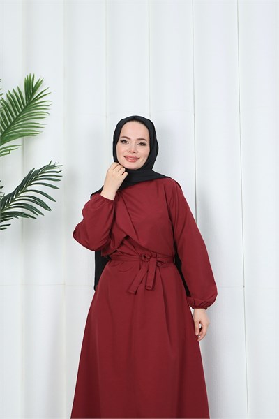 Toka Detaylı Kuşaklı Terikoton Elbise Bordo   HNT0332