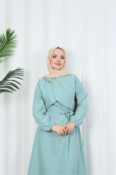 Toka Detaylı Kuşaklı Terikoton Elbise Mint    HNT0332