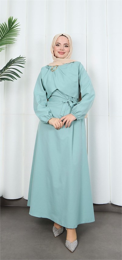 Toka Detaylı Kuşaklı Terikoton Elbise Mint    HNT0332