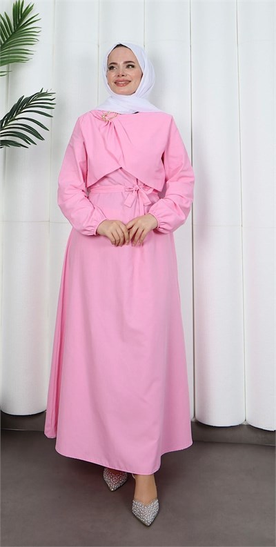 Toka Detaylı Kuşaklı Terikoton Elbise Pembe  HNT0332