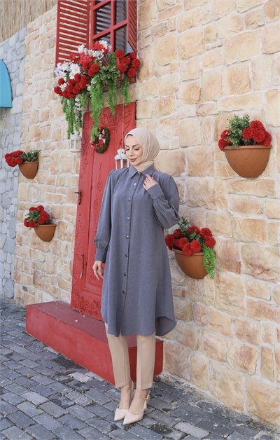 Uzun Düğmeli Tunik  Koyu Gri   HNT8533