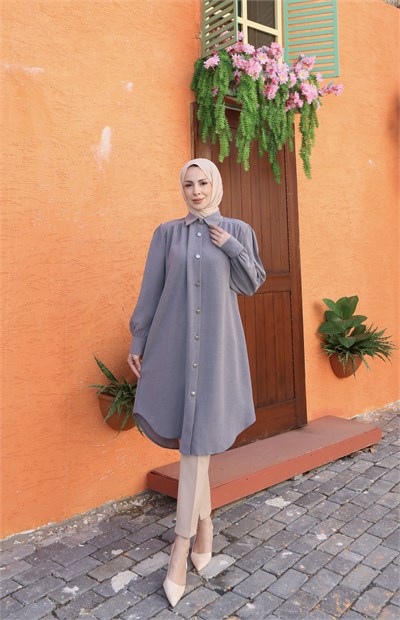 Uzun Düğmeli Tunik Açık Gri  HNT8533