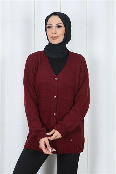 V Yaka Düğme Detaylı Triko Hırka Bordo HNT2810