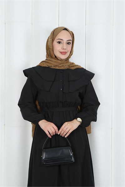 Volan Yaka Düğmeli Beli Lastikli Kuşaklı Elbise HNT03151 Siyah