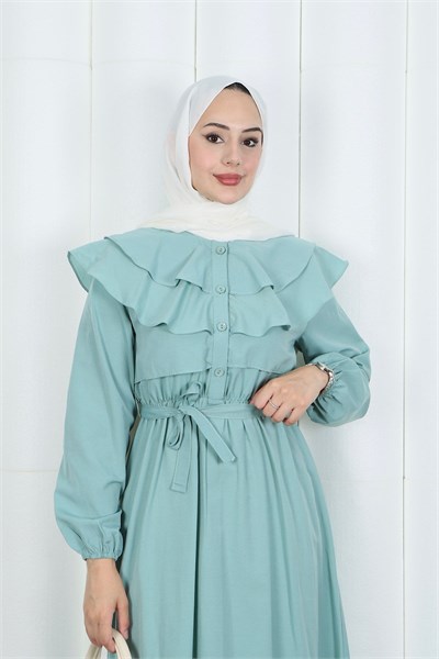Volan Yaka Düğmeli Beli Lastikli Kuşaklı Elbise HNT03151 Mint Yeşili