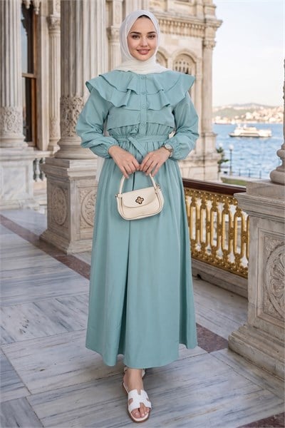 Volan Yaka Düğmeli Beli Lastikli Kuşaklı Elbise HNT03151 Mint Yeşili