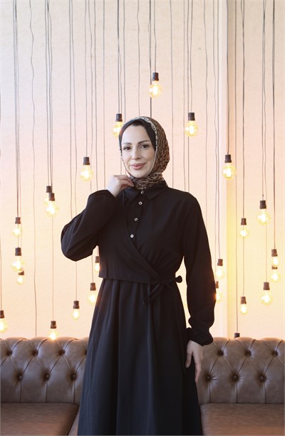 Yandan Bağlamalı  Tesettür Elbise Siyah HNT010