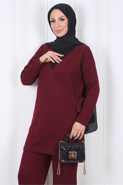 Yandan Bağlamalı Kruvaze Yaka Triko Takım Bordo    HNT2812
