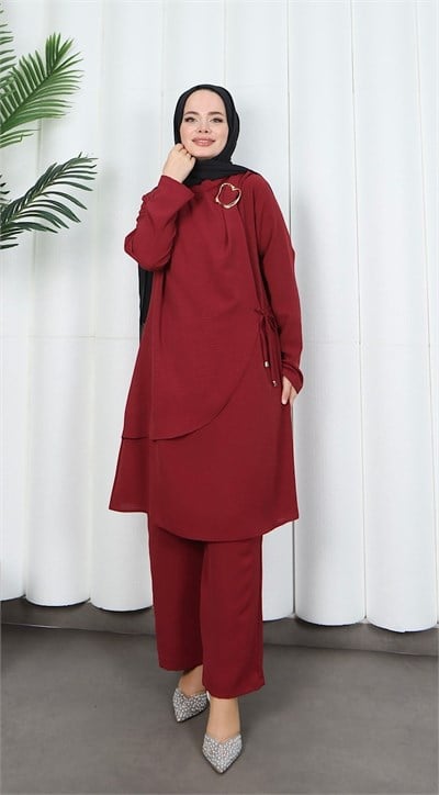 Yandan Tokalı Pantolonlu Ayrobin Takım Bordo  HNT8591