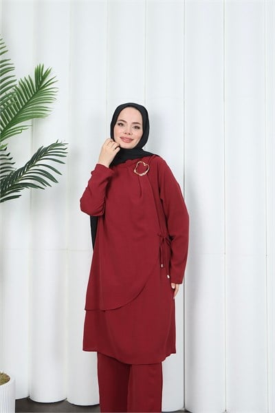 Yandan Tokalı Pantolonlu Ayrobin Takım Bordo  HNT8591