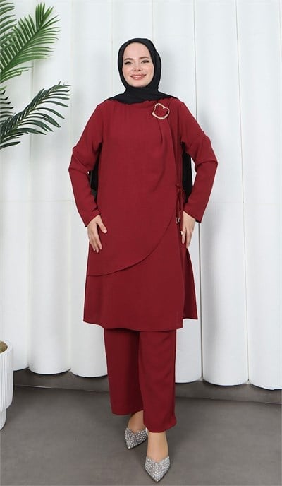 Yandan Tokalı Pantolonlu Ayrobin Takım Bordo  HNT8591