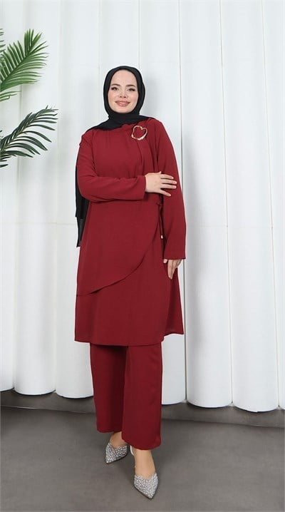 Yandan Tokalı Pantolonlu Ayrobin Takım Bordo  HNT8591