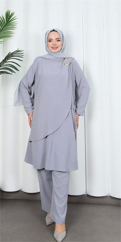 Yandan Tokalı Pantolonlu Ayrobin Takım Gri   HNT8591