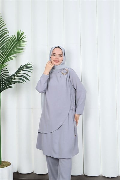 Yandan Tokalı Pantolonlu Ayrobin Takım Gri   HNT8591